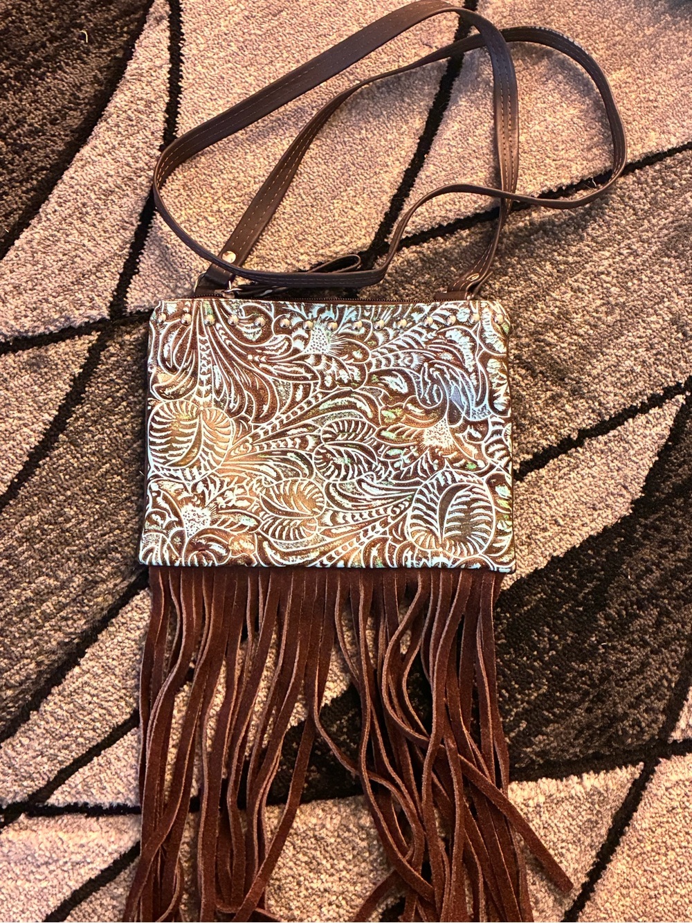 Women’s Brown Fringe Crossbody Bag with Embossed Floral Panel